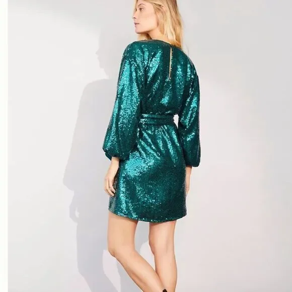 Anthropologie Green Metallic Lisabette Sequined Mini Dress NWT Size XS - Picture 3 of 9